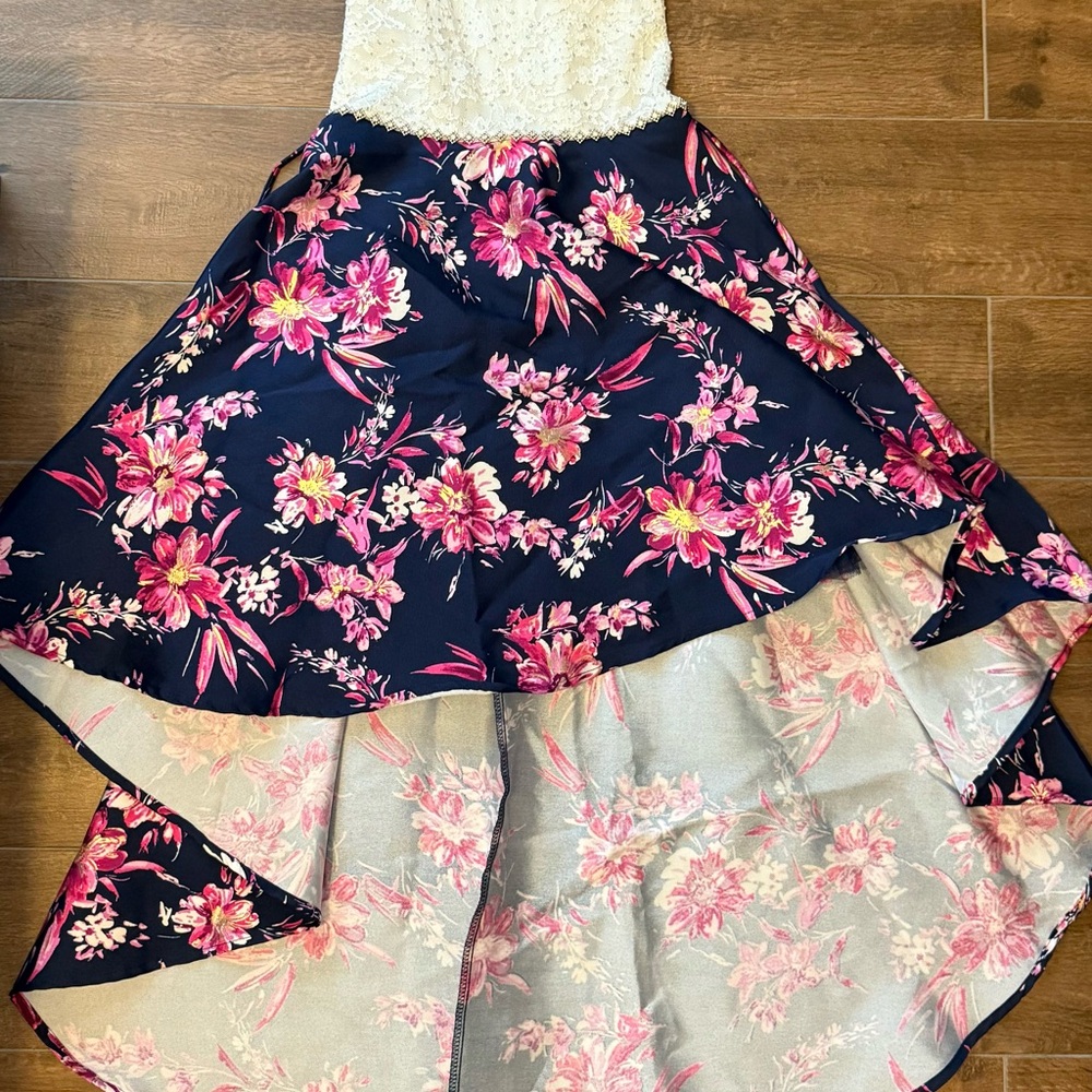 Floral Navy and Pink High-Low Skirt